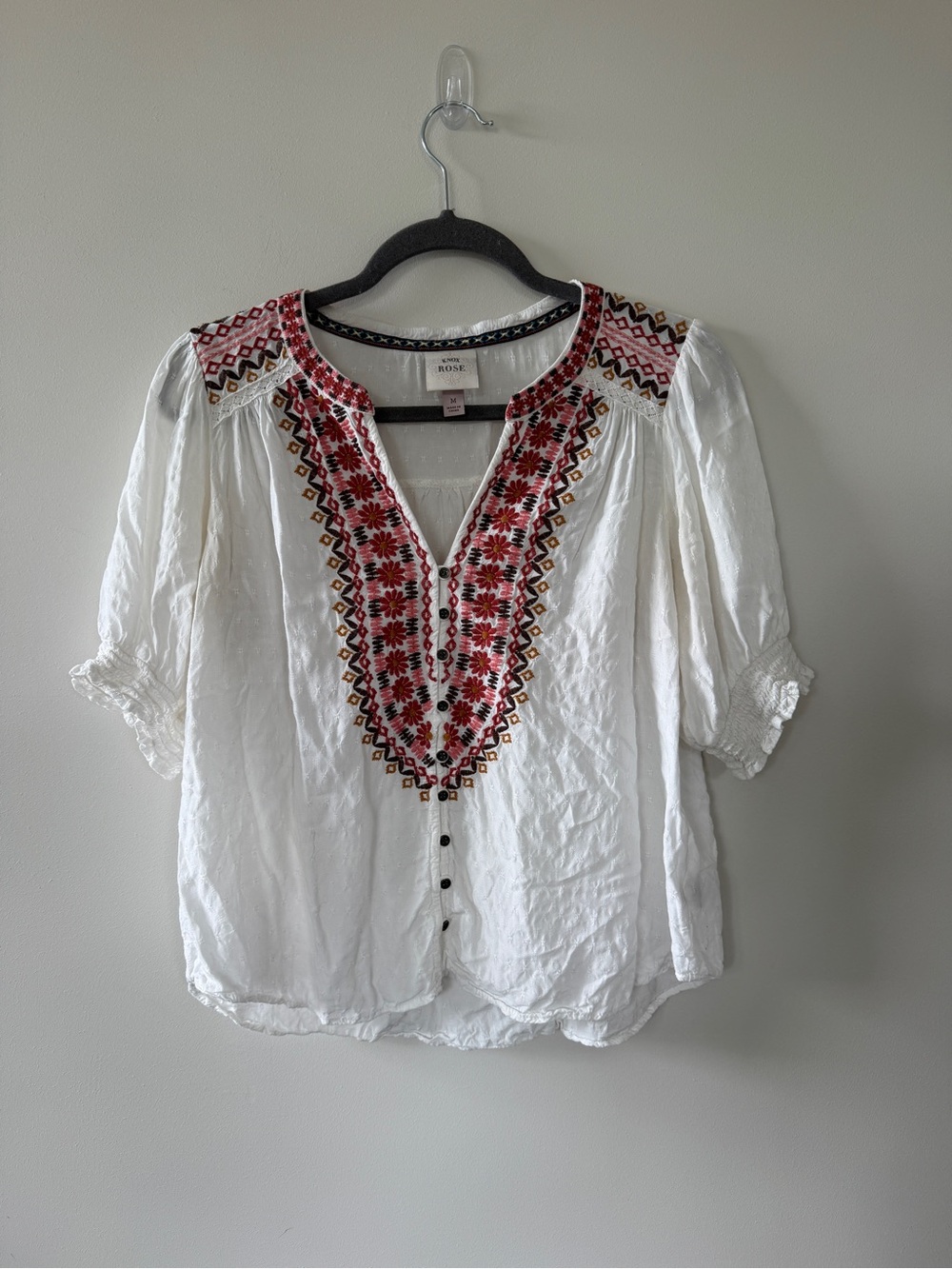 Knox Rose Embroidered Peasant Top M Boho